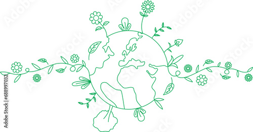 earth day simple line art vector illustration, green planet earth with leaves