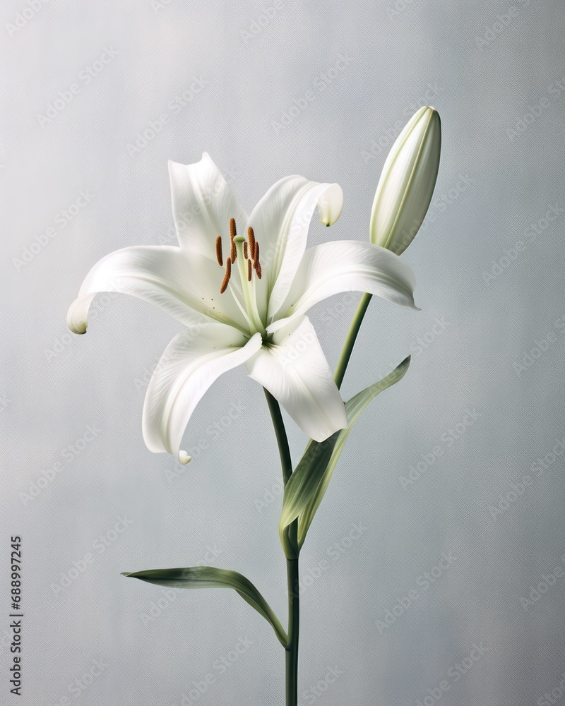 Minimalist lily flower with a monochromatic, clean color scheme and geometric shapes for the petals and leaves, a modern and sleek atmosphere. - obrazy, fototapety, plakaty 
