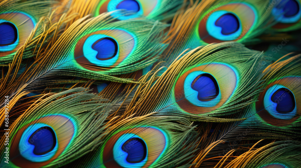 Obraz premium Colorful peacock feathers. Background of beautiful peacock feathers.