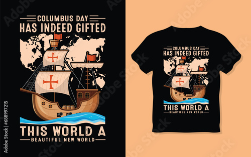 Vector happy columbus day greeting card 2022 with caravel silhouette vector background