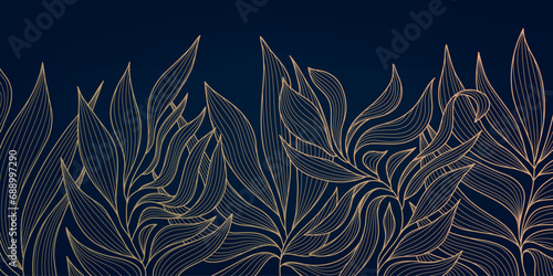 Vector golden leaves botanical modern, art deco wallpaper background pattern. Luxury line floral wallpaper, elegant foliage wavy ornament