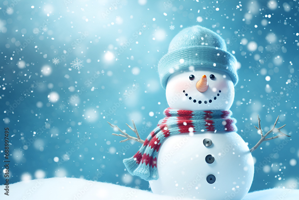 Smiling Snowman with Blue Hat and Scarf