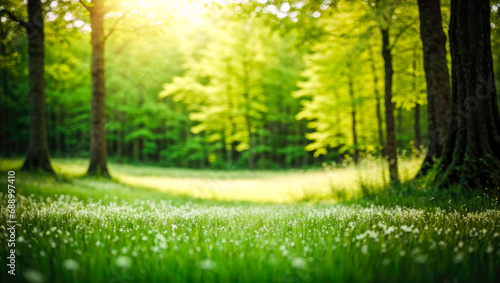 Spring. Forest and Beautiful meadow field with fresh grass in nature Summer spring perfect natural landscape.