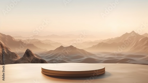 Empty podium for cosmetic showcase, scene for product exhibition, display, presentation. Mountain and sky background