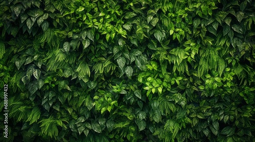 Plant wall, natural green wallpaper and background, vertical garden , lihgt warm from morning .