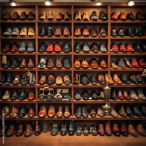 Photo of a stylish shoe collection on display  Generative AI © meetali