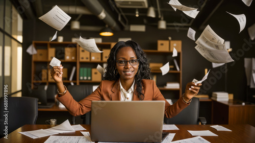 transition to paperless work. three african american Businesswomen throws up documents and using laptop. end of work before holidays vacation weekend