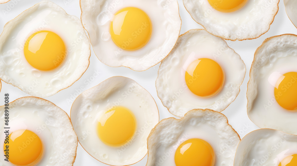 Background of many fried eggs. A large amount of scrambled eggs. View from above.