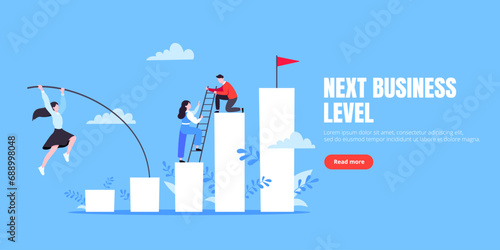 Businesswoman jumps pole vault over graph bars flat style design vector illustration.