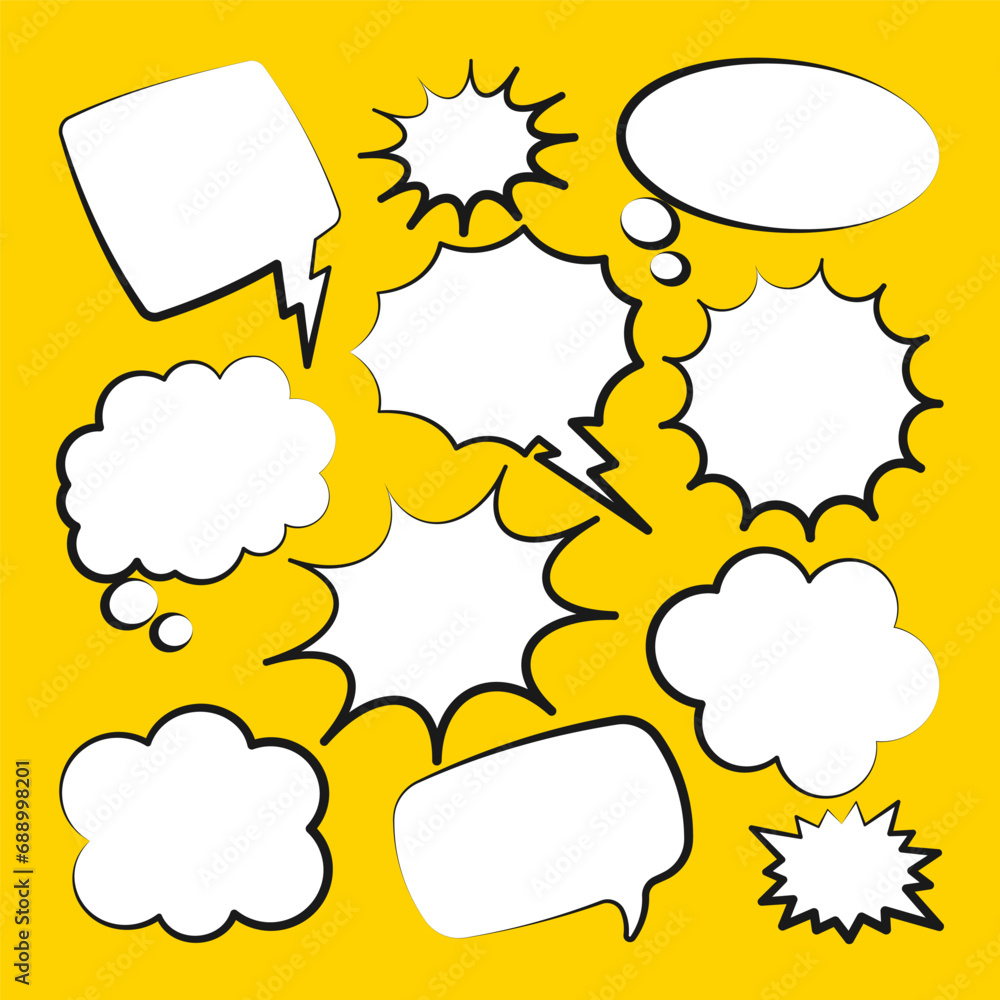 Comic speech bubbles. Outline, hand drawn retro cartoon stickers on yellow background. Chatting and communication, dialog elements. Pop art style. Vector illustration Comic speech bubbles. Outline, hand drawn retro cartoon stickers on yellow background. Chatting and communication, dialog elements. Pop art style. Vector illustration
