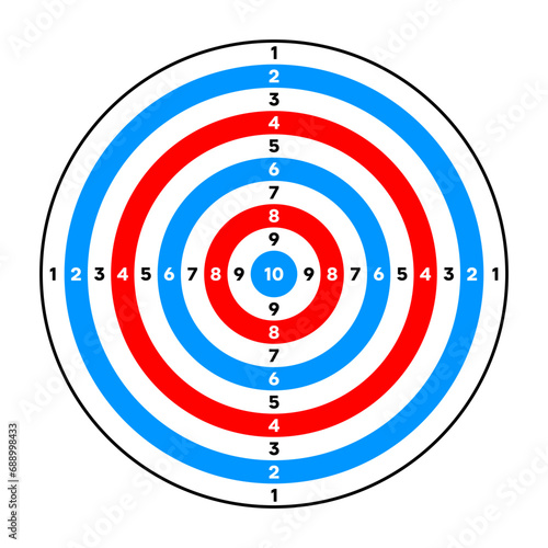 Shooting range paper target with divisions, marks and numbers. Archery, gun shooting practise and training, sport competition and hunting. Bullseye and aim. Vector illustration