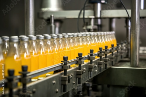 Juice production line belt plant. Water food fruit glass bottling. Generate Ai