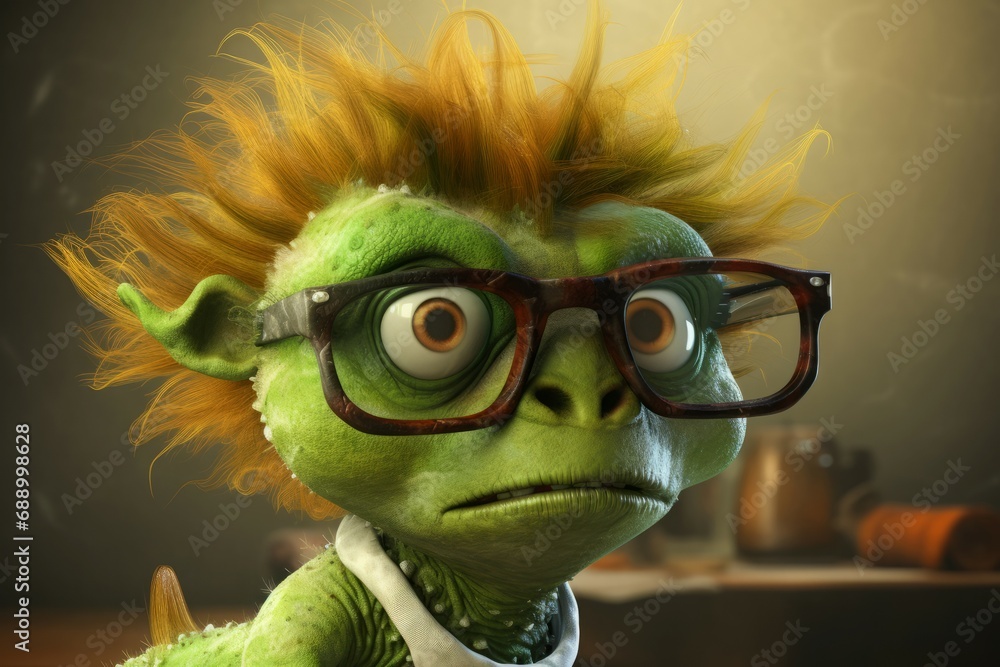 Mad scientist chameleon. Green animal with glasses and weird haircut. Generate AI