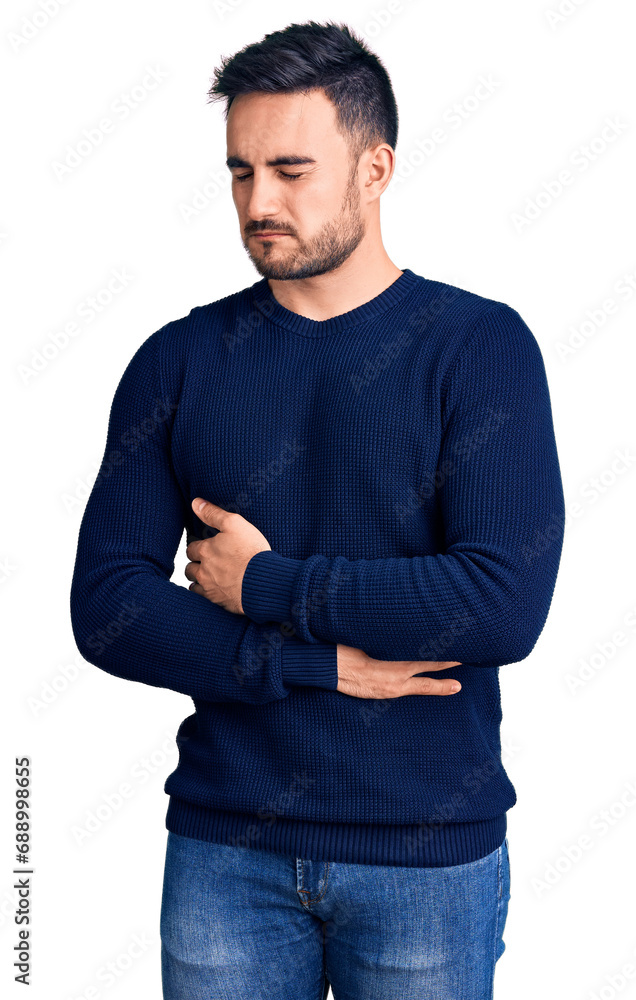 Young handsome man wearing casual clothes with hand on stomach because indigestion, painful illness feeling unwell. ache concept. Young handsome man wearing casual clothes with hand on stomach because indigestion, painful illness feeling unwell. ache concept.