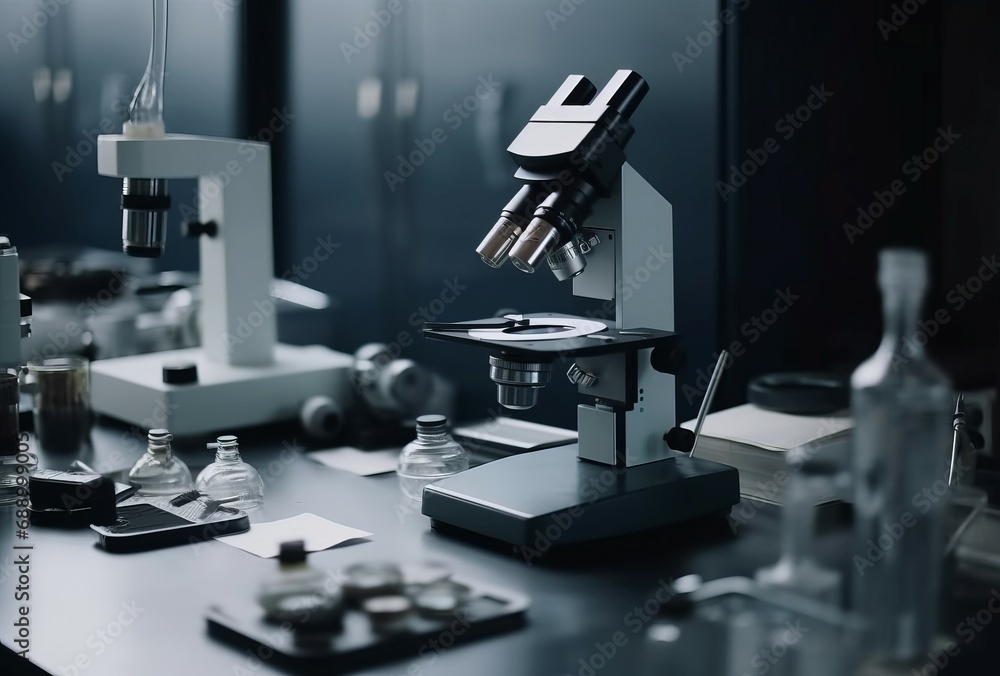 Microscope laboratory equipment. New medical and expensive technology table. Generate AI - obrazy, fototapety, plakaty 
