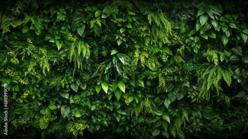 Plant wall, natural green wallpaper and background,vertical garden, lihgt warm from morning . photo