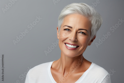 Matured woman with wrinkles in her face isolated on gray background. beautiful smiling woman with good health. Short hair modern 50s mid-aged woman portrait, Old lady Skin care advertising concept