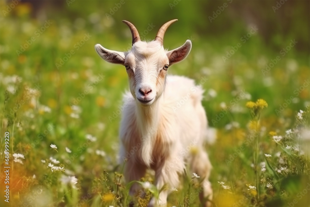 goat kid is playing in the grass