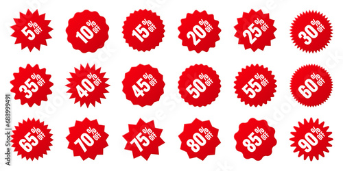 Price tags collection, special offer or shopping discount label with percent, discount percentage value. Red turned retail paper sticker. Promotional sale badge. Vector illustration