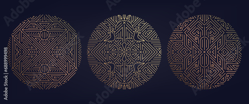 Vector set of art deco round patterns, geometric circle ornaments, gatsby style luxury elements. Elegant logos, golden shapes photo