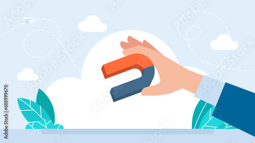Cartoon businessman character hand holds a large magnet. Hand holding horseshoe magnet at white background. Business concept of the attraction of money, customers and investment. Flat illustration