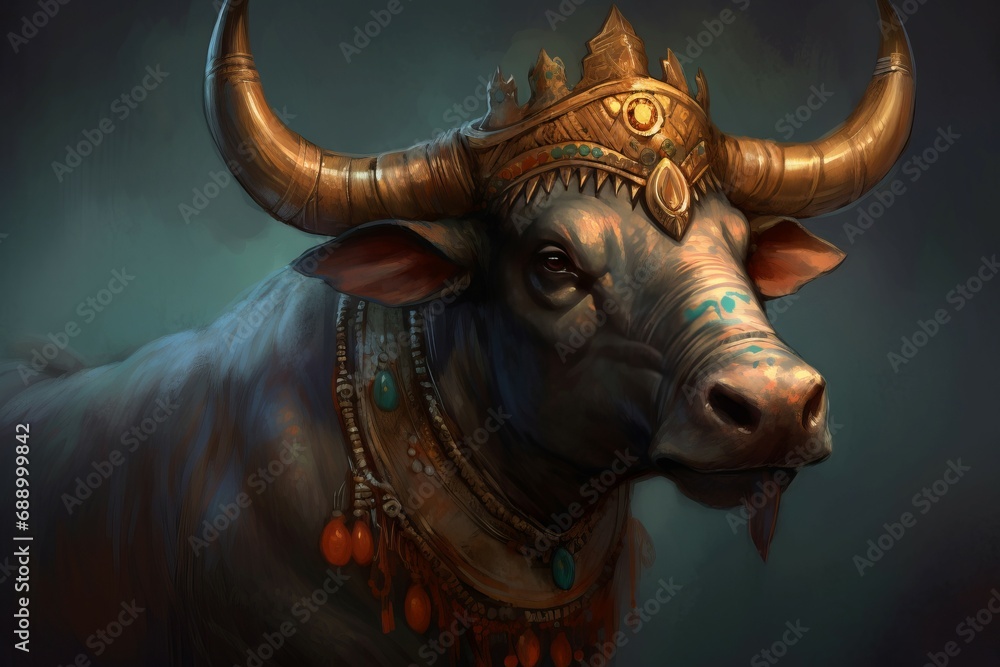 Nandi religious Hinduism divine bull. Spiritual holy creature in