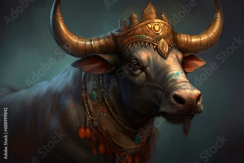 Nandi religious Hinduism divine bull. Spiritual holy creature in religious temple. Generate ai