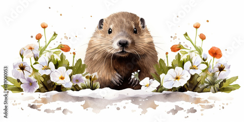 Groundhog Peaking Out of Hole. Watercolour Illustration of a Cute Groundhog Emerging from Burrow Isolated on White. photo