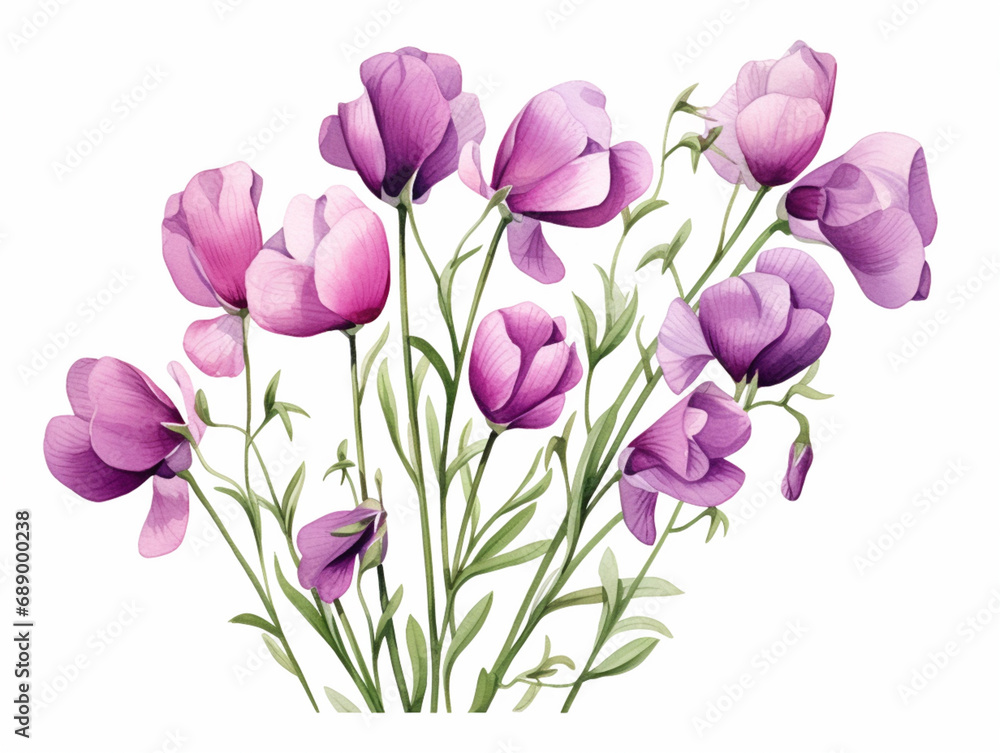 Obraz premium Pink Sweet Pea Flower. Watercolour Illustration of Purple Sweet Peas Stem Isolated on White Background.