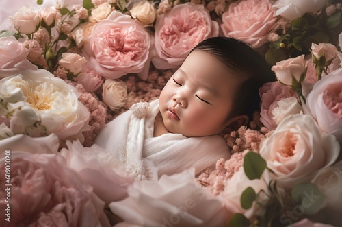 Newborn Chinese baby in pink blossom floral bed. Sleeping pure infant in pastel delicate flower arrangement. Generate ai