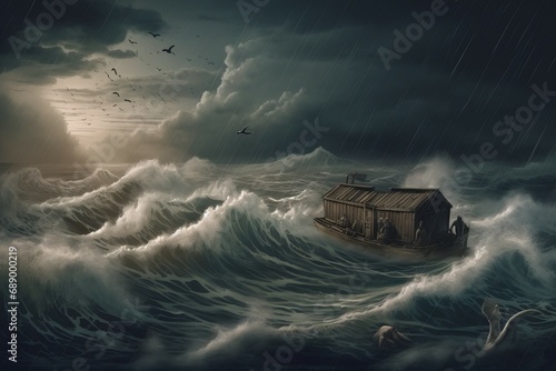 Noahs ark sea. Large and wooden boat with people floating giant waves. Generate AI