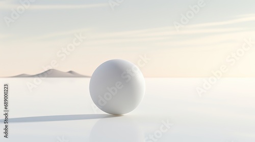 Gracefully placed on a pristine white plane  a smooth sphere embodies simplicity and purity. Graceful placement  simplicity  purity  unblemished form  serene perfection. Generated by AI.