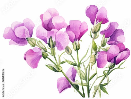 Pink Sweet Pea Flower. Watercolour Illustration of Purple Sweet Peas Stem Isolated on White Background.
