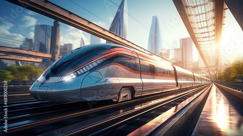 The high-speed train zips along the railway, symbolizing swift and efficient travel. Rapid transit, sleek locomotive, motion blur, urban connectivity. Generated by AI.