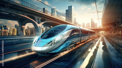 A rapid high-speed train races by, showcasing efficient and modern travel. Speedy locomotion, efficient transit, urban connectivity, motion blur. Generated by AI.