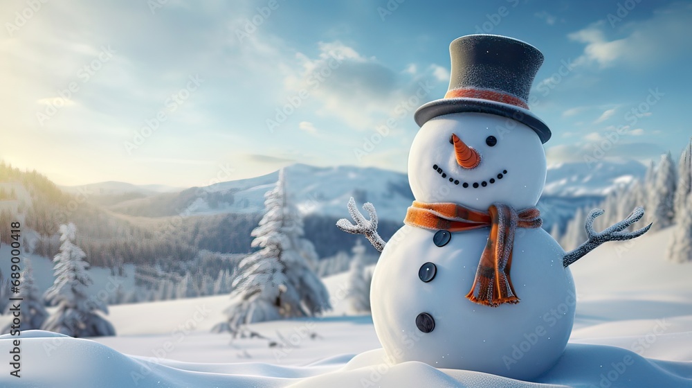 Obraz premium Snowman adorned with a carrot nose and a top hat, standing tall in a picturesque snowy field. Classic winter decor, seasonal joy, frosty landscape, holiday charm. Generated by AI.