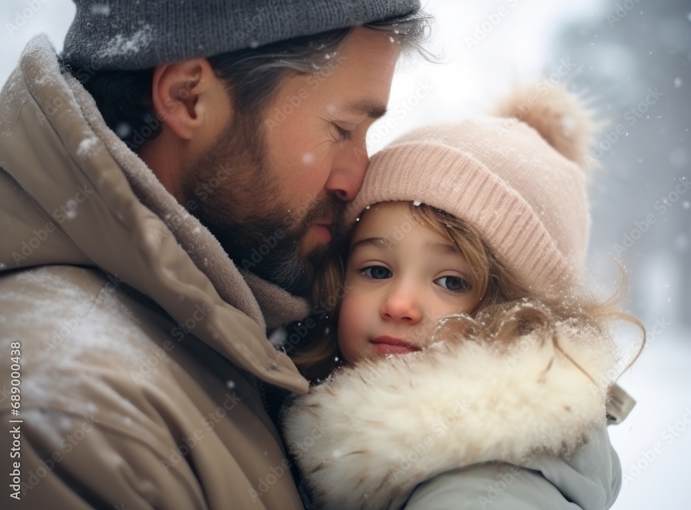 Portrait of happy family: Father and baby daughter on Winter Vacation in park. Happy, joyful family.