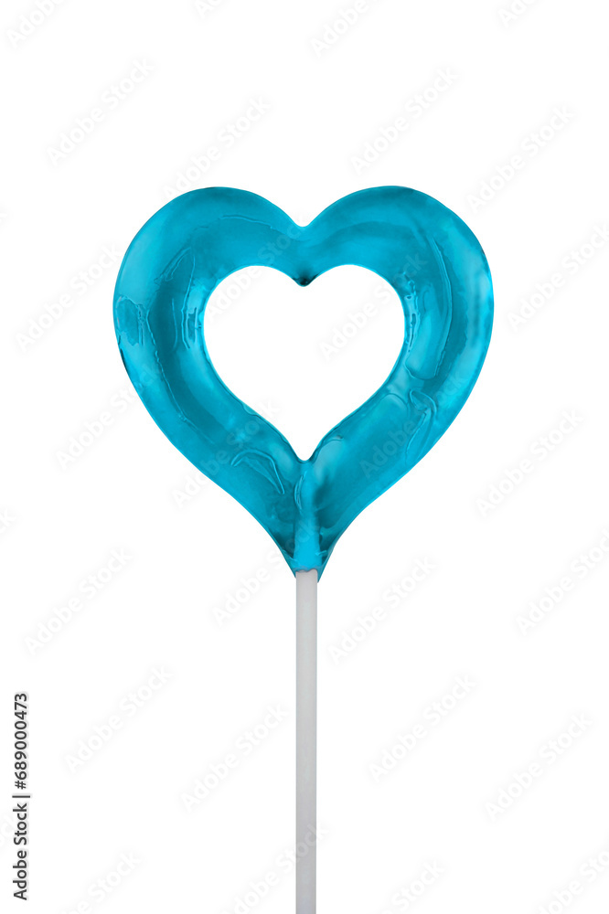 Blue, lollipop heart shape on a transparent background or PNG file. Clipping path. Heart candy sucker on stick, romantic sweet gift. Love symbol. Valentine's day, Mother's Day.