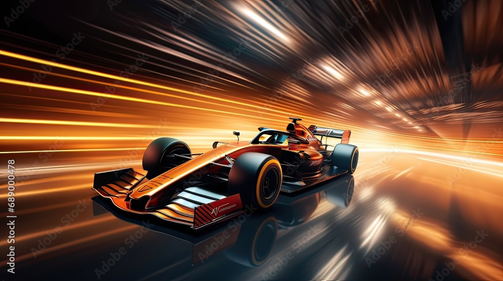 Racing car races with lightning speed, showcasing engineering excellence and aerodynamic supremacy. Engineering marvel, speed demon, racing prowess, aerodynamic design. Generated by AI.