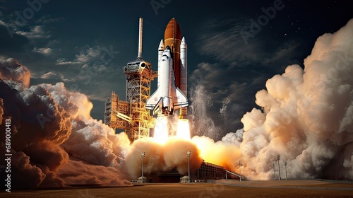 A space shuttle's launch signifies humanity's aspiration to conquer. Space exploration, scientific aspiration, cosmic conquest, human achievement. Generated by AI.