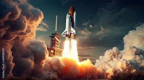 A space shuttle launch embodies humanity's aspirations for cosmic exploration and scientific innovation. Cosmic discovery, scientific exploration, space travel, human ambition. Generated by AI.