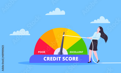 Woman pulls credit score arrow gauge speedometer indicator with color levels.