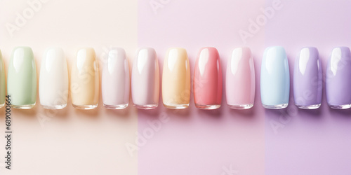 Nail polish samples in soft pastel colors. Colorful nail lacquer manicure swatches. Top view of nail art palette. Flat-lay. photo