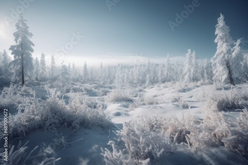 Nordic frozen nature in wintertime. Frost covered wild forest scenic view. Generate ai © nsit0108