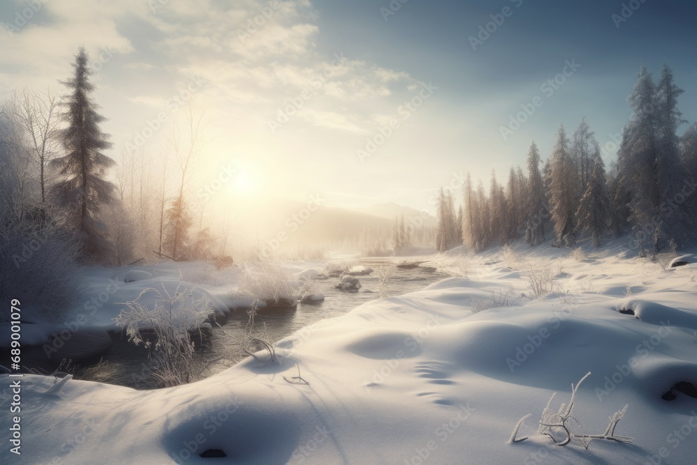 Nordic wild forest nature winter. Polar icy glacial frosty scenic natural view. Generate ai
