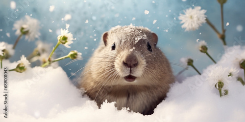 Groundhog Peaking Out of Snowy Hole. Cute Groundhog Emerging from Burrow. Happy Groundhog Day. photo