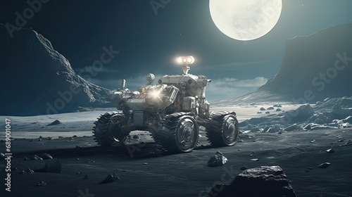 A breathtaking depiction of a lunar rover exploring the surface of the moon. Space exploration, lunar landscape, rover vehicle, extraterrestrial, cosmic adventure. Generated by AI. photo