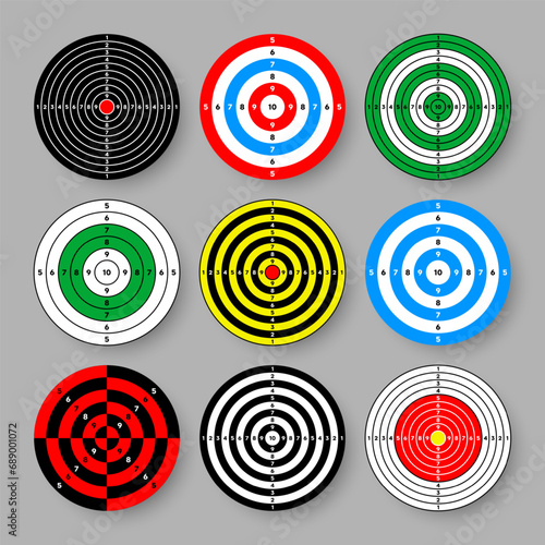 Shooting range paper targets. Round target with divisions, marks and numbers. Archery, gun shooting practise and training, sport competition and hunting. Bullseye and aim. Vector illustration