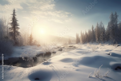 Nordic wild forest nature winter. Polar icy glacial frosty scenic natural view. Generate ai © nsit0108