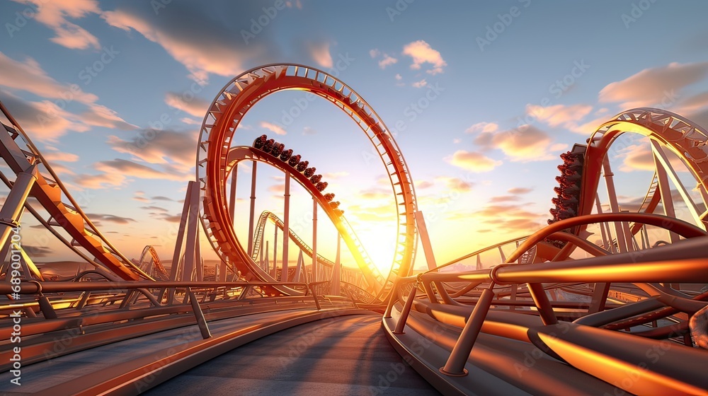 Dynamic, thrilling, roller coaster movement, adrenaline rush, amusement park attraction, exciting experience, thrilling adventure. Generated by AI. - obrazy, fototapety, plakaty 